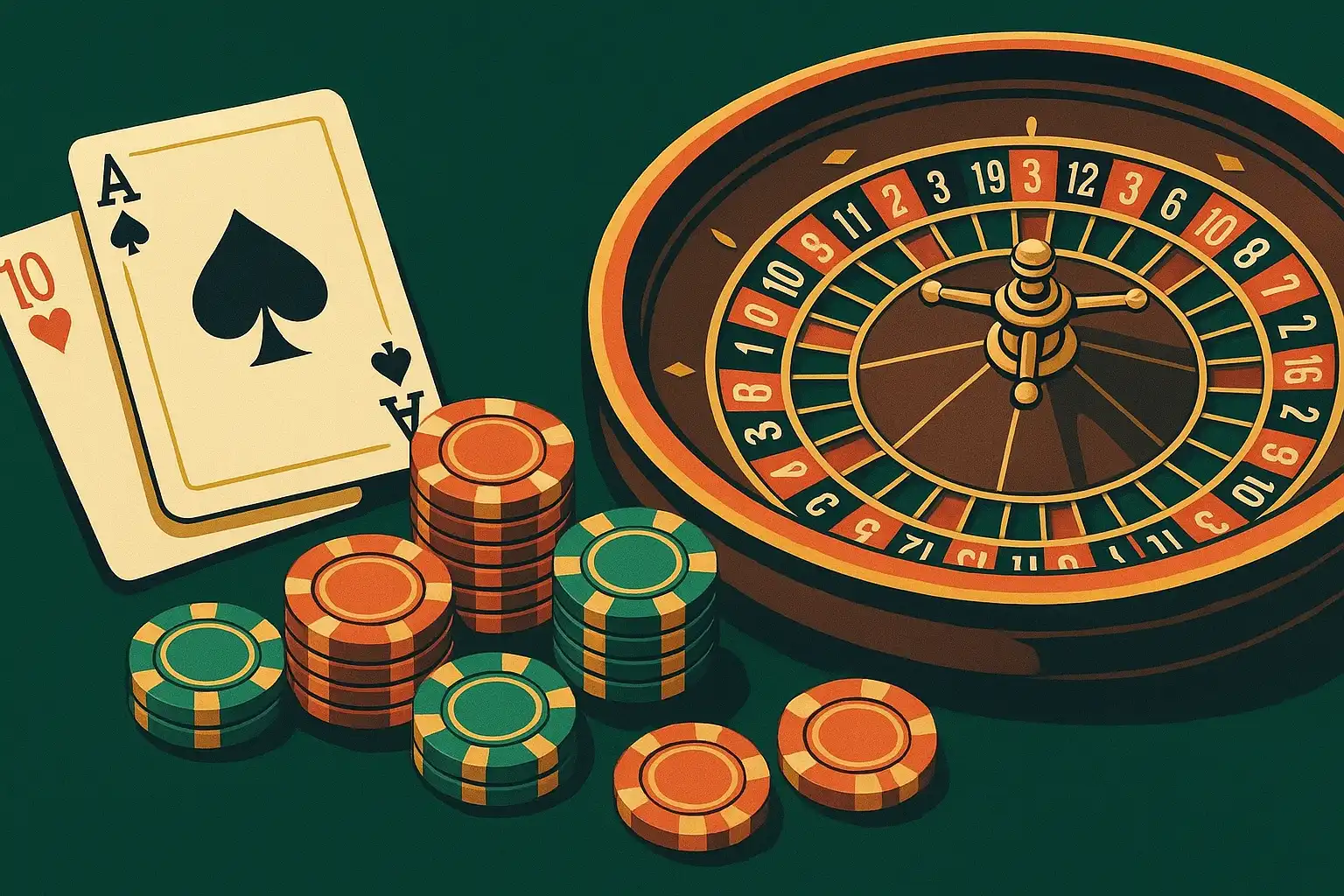 Roulette wheel and playing cards representing the table games category