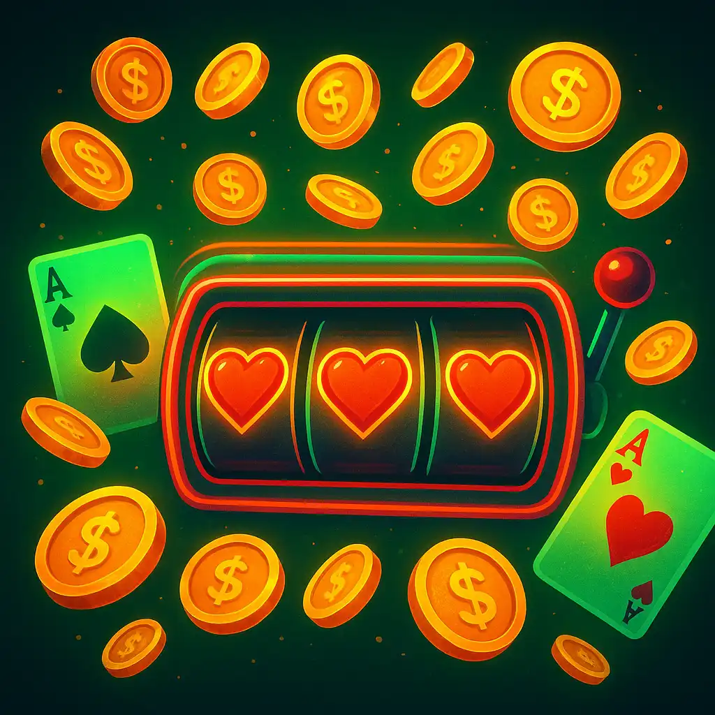Colourful slot reels and chips illustration for Heartbreakers Slot Casino